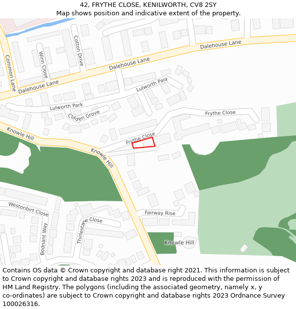 42, FRYTHE CLOSE, KENILWORTH, CV8 2SY: Location map and indicative extent of plot