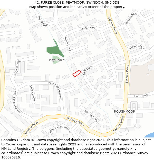 42, FURZE CLOSE, PEATMOOR, SWINDON, SN5 5DB: Location map and indicative extent of plot