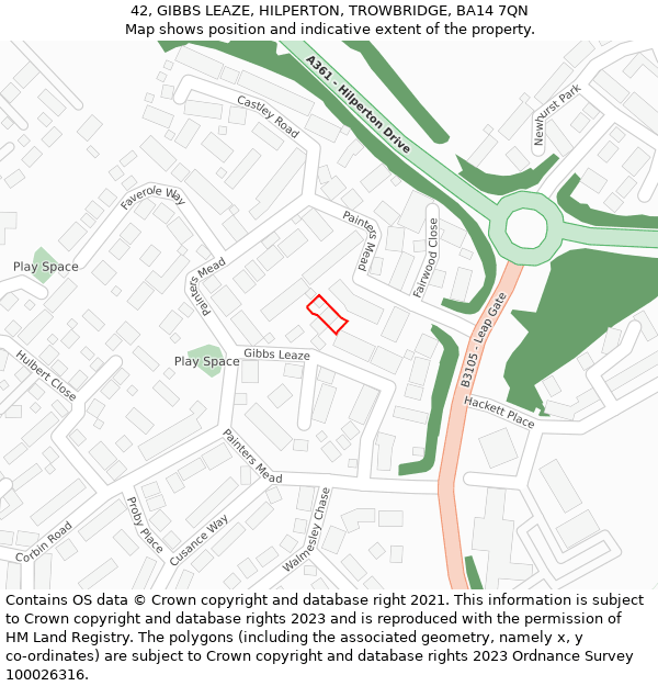 42, GIBBS LEAZE, HILPERTON, TROWBRIDGE, BA14 7QN: Location map and indicative extent of plot