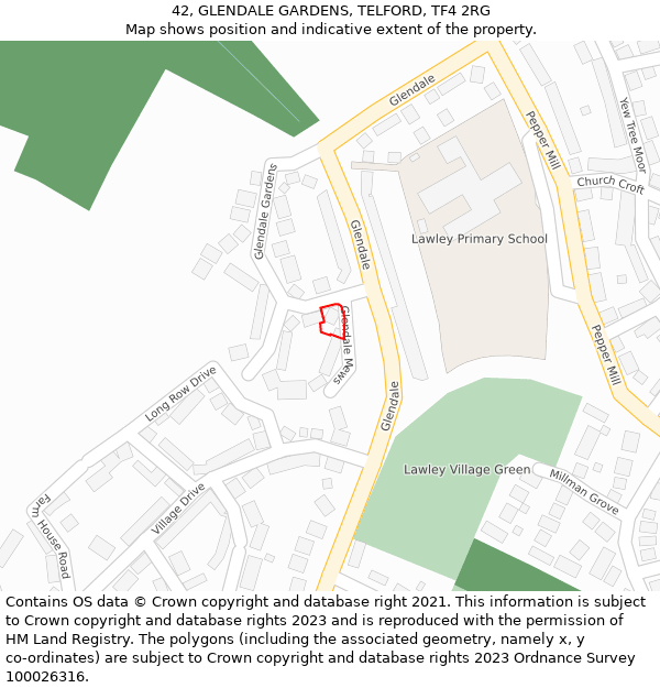 42, GLENDALE GARDENS, TELFORD, TF4 2RG: Location map and indicative extent of plot