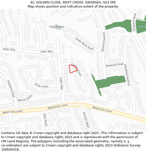 42, GOLDEN CLOSE, WEST CROSS, SWANSEA, SA3 5PE: Location map and indicative extent of plot