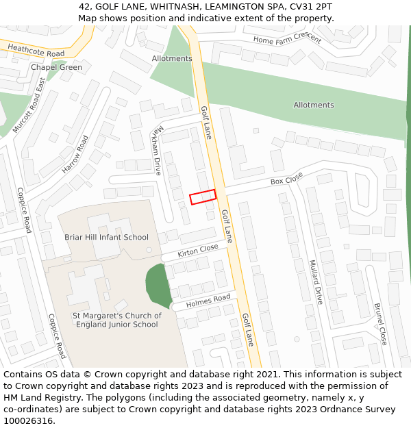 42, GOLF LANE, WHITNASH, LEAMINGTON SPA, CV31 2PT: Location map and indicative extent of plot