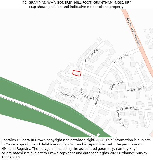 42, GRAMPIAN WAY, GONERBY HILL FOOT, GRANTHAM, NG31 8FY: Location map and indicative extent of plot