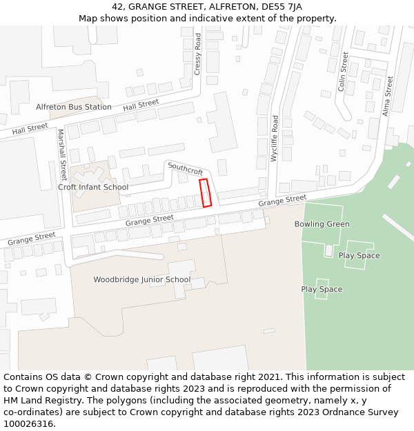 42, GRANGE STREET, ALFRETON, DE55 7JA: Location map and indicative extent of plot