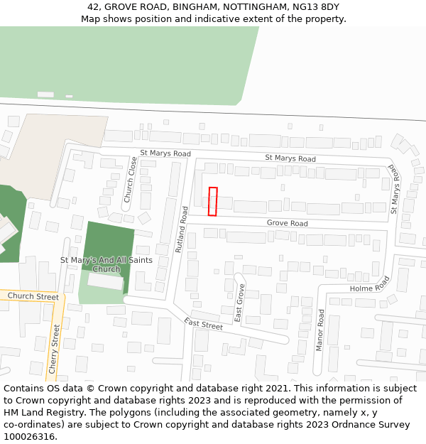42, GROVE ROAD, BINGHAM, NOTTINGHAM, NG13 8DY: Location map and indicative extent of plot