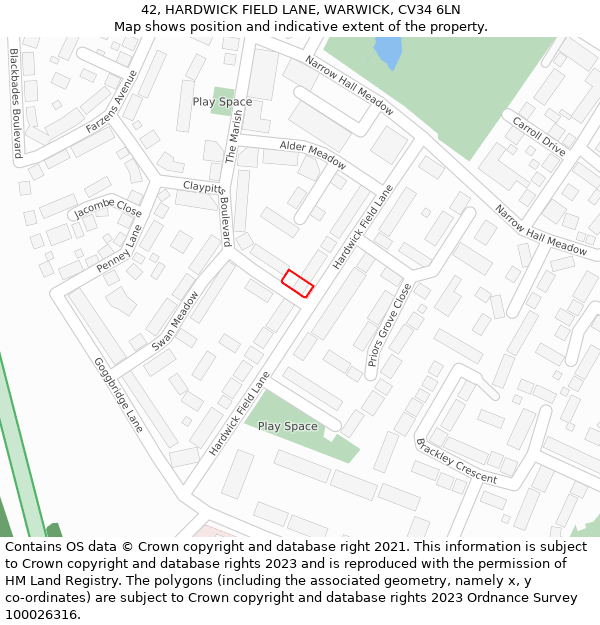 42, HARDWICK FIELD LANE, WARWICK, CV34 6LN: Location map and indicative extent of plot