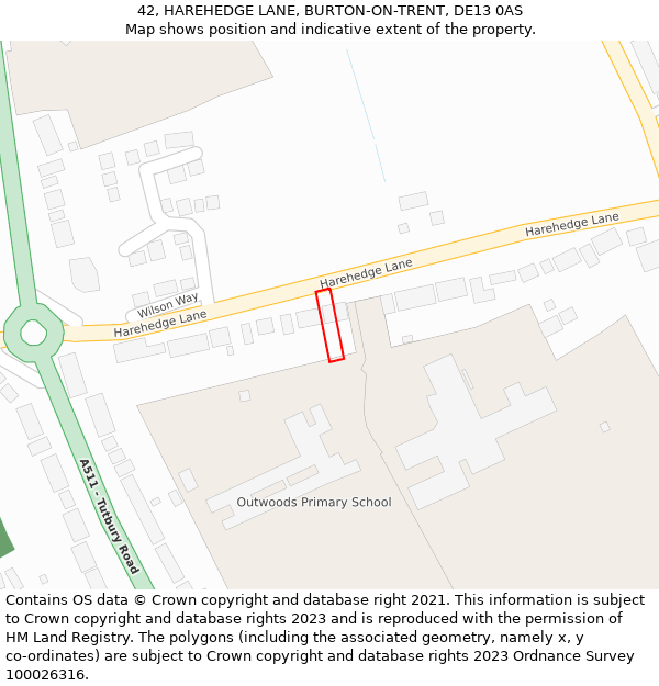 42, HAREHEDGE LANE, BURTON-ON-TRENT, DE13 0AS: Location map and indicative extent of plot