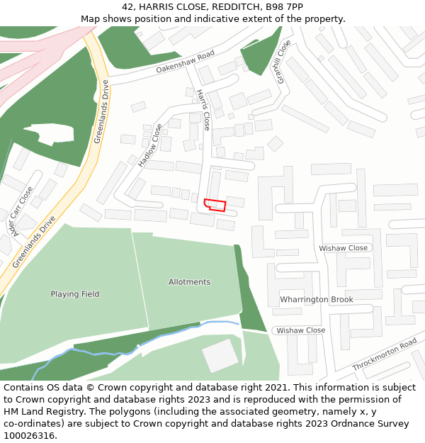 42, HARRIS CLOSE, REDDITCH, B98 7PP: Location map and indicative extent of plot