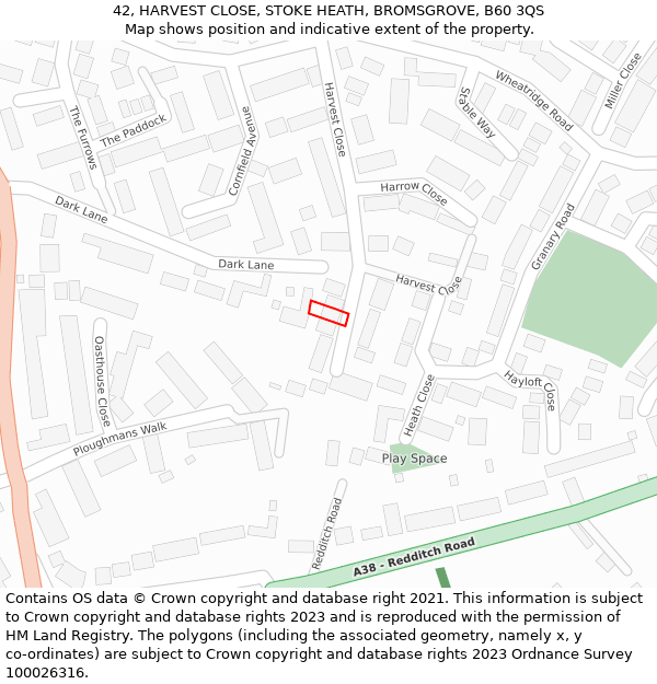 42, HARVEST CLOSE, STOKE HEATH, BROMSGROVE, B60 3QS: Location map and indicative extent of plot