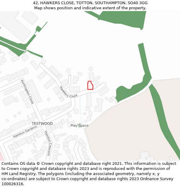 42, HAWKERS CLOSE, TOTTON, SOUTHAMPTON, SO40 3GG: Location map and indicative extent of plot