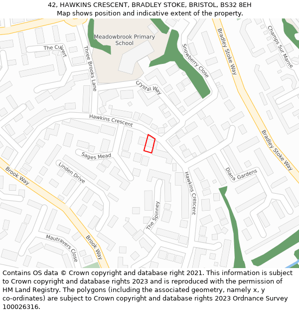 42, HAWKINS CRESCENT, BRADLEY STOKE, BRISTOL, BS32 8EH: Location map and indicative extent of plot