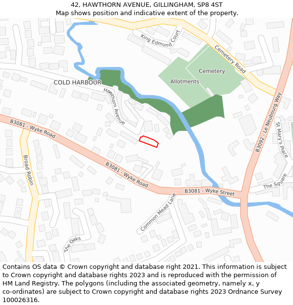 42, HAWTHORN AVENUE, GILLINGHAM, SP8 4ST: Location map and indicative extent of plot