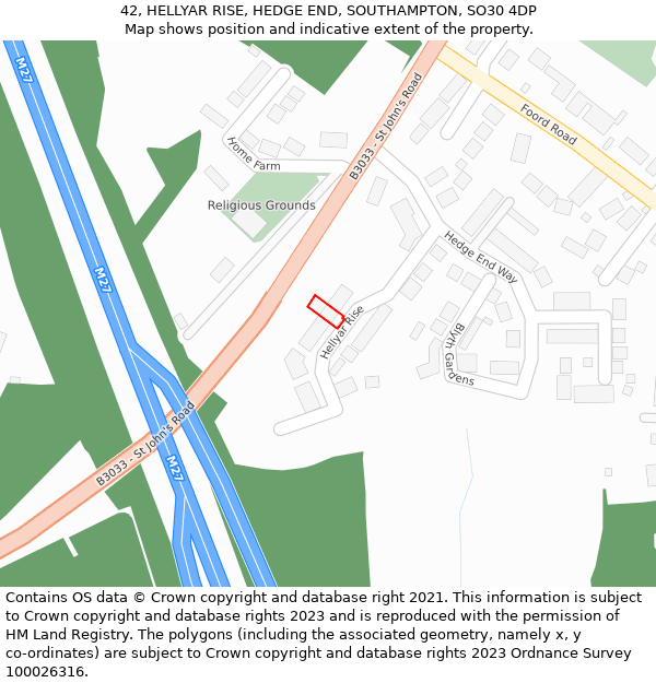 42, HELLYAR RISE, HEDGE END, SOUTHAMPTON, SO30 4DP: Location map and indicative extent of plot