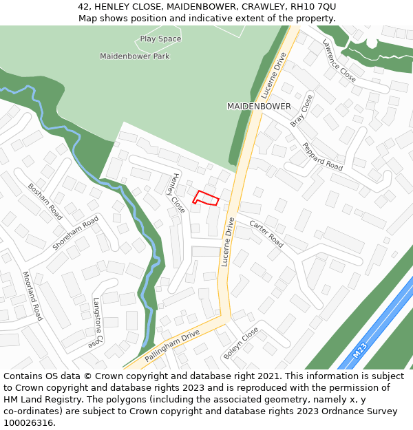 42, HENLEY CLOSE, MAIDENBOWER, CRAWLEY, RH10 7QU: Location map and indicative extent of plot