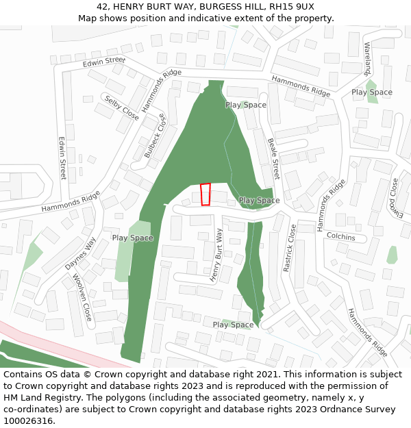 42, HENRY BURT WAY, BURGESS HILL, RH15 9UX: Location map and indicative extent of plot