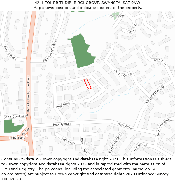 42, HEOL BRITHDIR, BIRCHGROVE, SWANSEA, SA7 9NW: Location map and indicative extent of plot