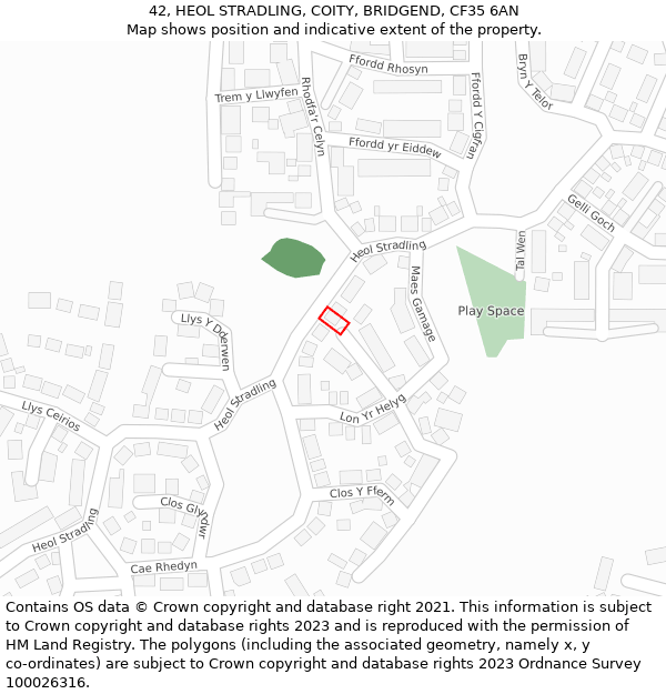 42, HEOL STRADLING, COITY, BRIDGEND, CF35 6AN: Location map and indicative extent of plot