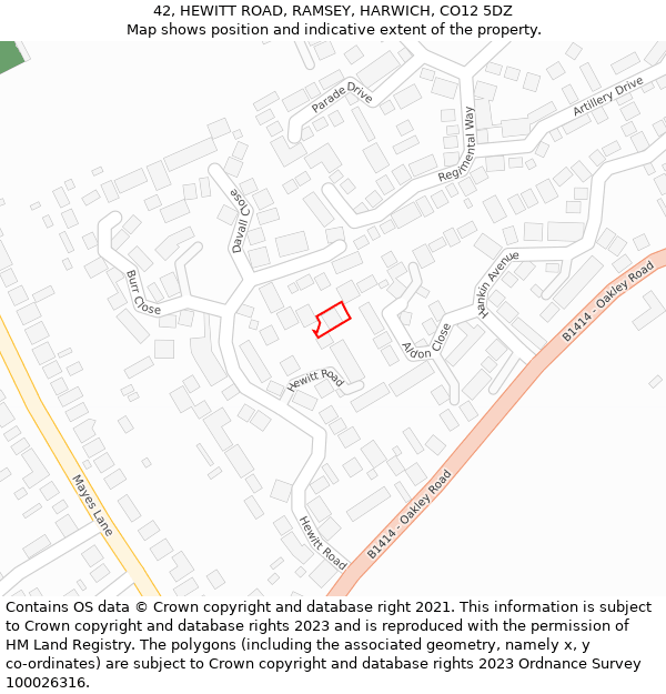 42, HEWITT ROAD, RAMSEY, HARWICH, CO12 5DZ: Location map and indicative extent of plot