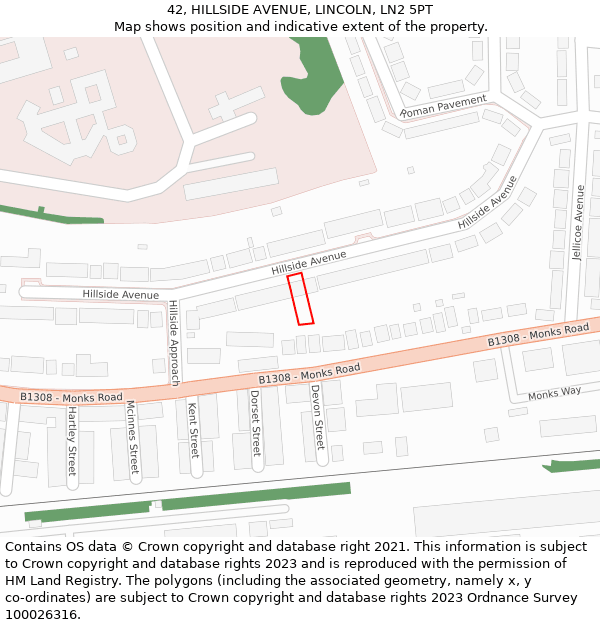 42, HILLSIDE AVENUE, LINCOLN, LN2 5PT: Location map and indicative extent of plot