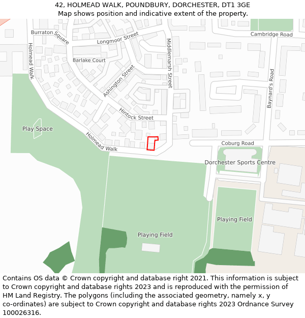 42, HOLMEAD WALK, POUNDBURY, DORCHESTER, DT1 3GE: Location map and indicative extent of plot
