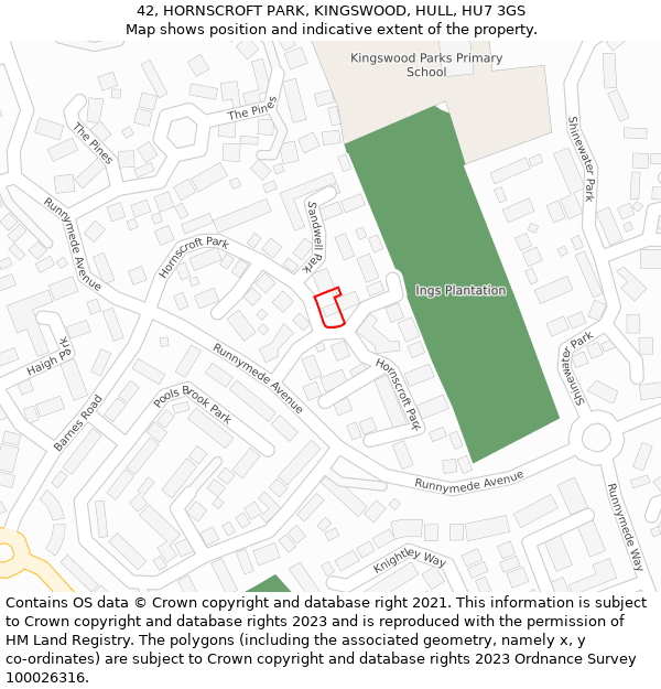 42, HORNSCROFT PARK, KINGSWOOD, HULL, HU7 3GS: Location map and indicative extent of plot