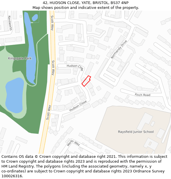 42, HUDSON CLOSE, YATE, BRISTOL, BS37 4NP: Location map and indicative extent of plot