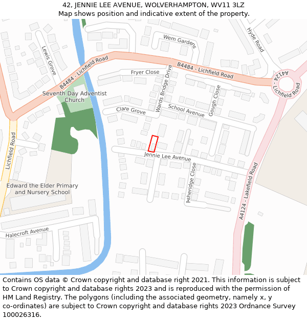 42, JENNIE LEE AVENUE, WOLVERHAMPTON, WV11 3LZ: Location map and indicative extent of plot
