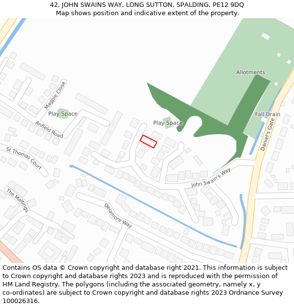 42, JOHN SWAINS WAY, LONG SUTTON, SPALDING, PE12 9DQ: Location map and indicative extent of plot