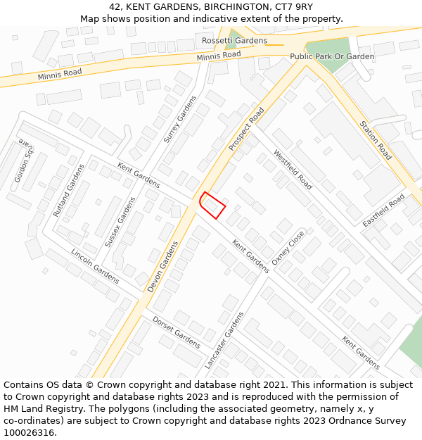 42, KENT GARDENS, BIRCHINGTON, CT7 9RY: Location map and indicative extent of plot