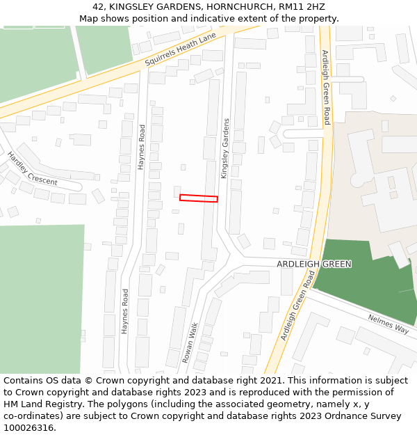 42, KINGSLEY GARDENS, HORNCHURCH, RM11 2HZ: Location map and indicative extent of plot