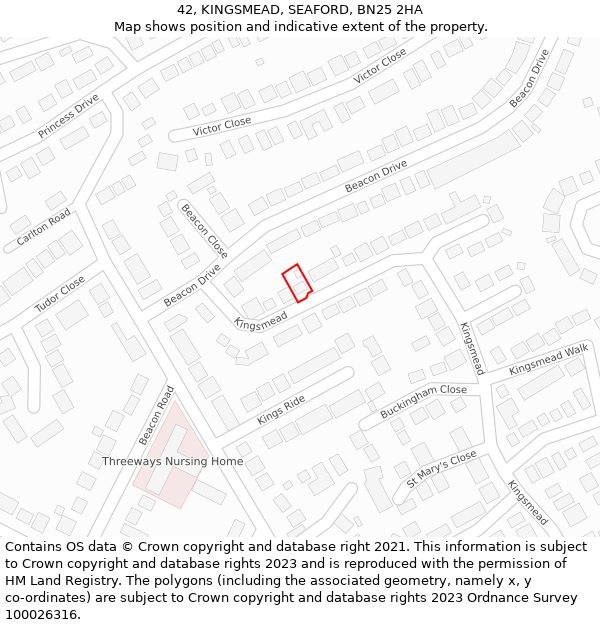 42, KINGSMEAD, SEAFORD, BN25 2HA: Location map and indicative extent of plot