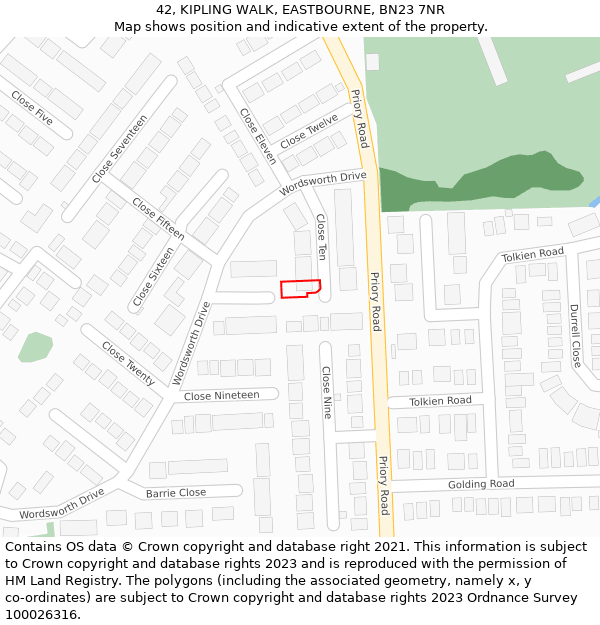 42, KIPLING WALK, EASTBOURNE, BN23 7NR: Location map and indicative extent of plot