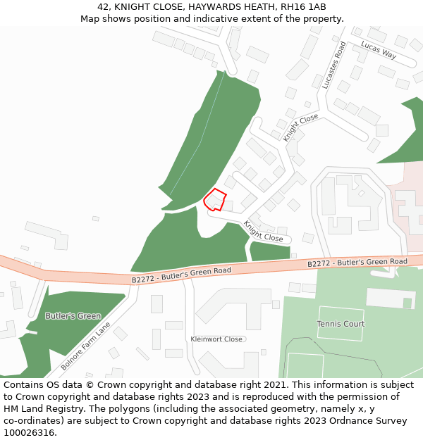 42, KNIGHT CLOSE, HAYWARDS HEATH, RH16 1AB: Location map and indicative extent of plot