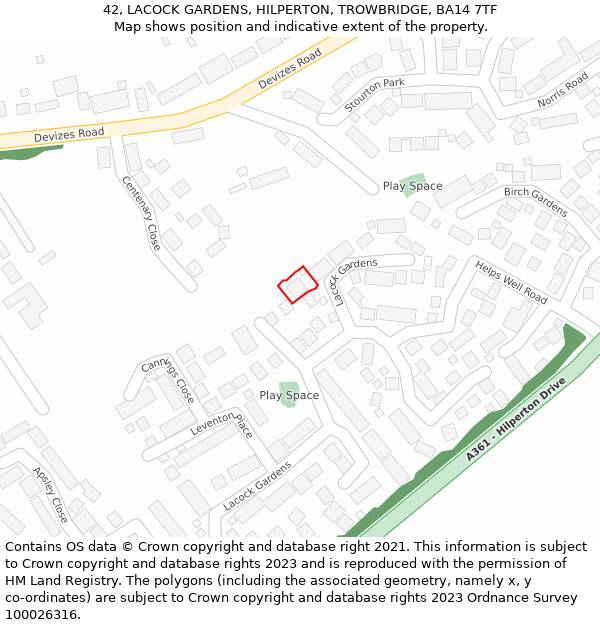 42, LACOCK GARDENS, HILPERTON, TROWBRIDGE, BA14 7TF: Location map and indicative extent of plot