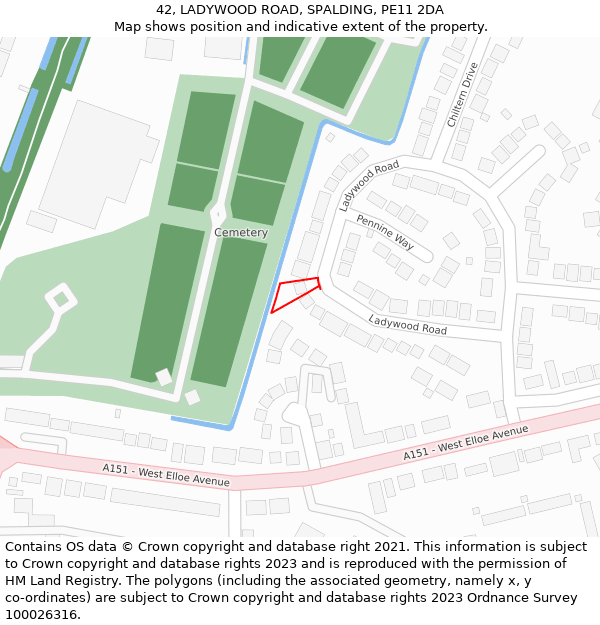 42, LADYWOOD ROAD, SPALDING, PE11 2DA: Location map and indicative extent of plot