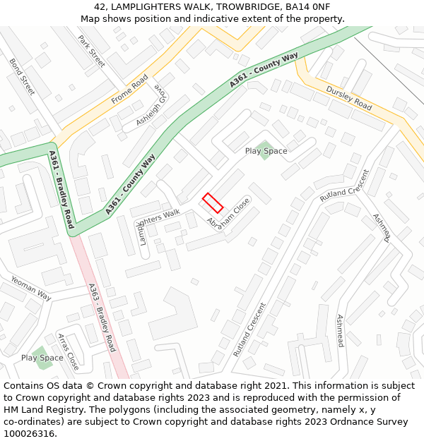 42, LAMPLIGHTERS WALK, TROWBRIDGE, BA14 0NF: Location map and indicative extent of plot