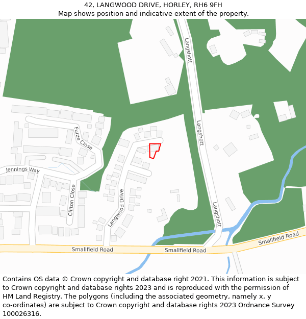 42, LANGWOOD DRIVE, HORLEY, RH6 9FH: Location map and indicative extent of plot
