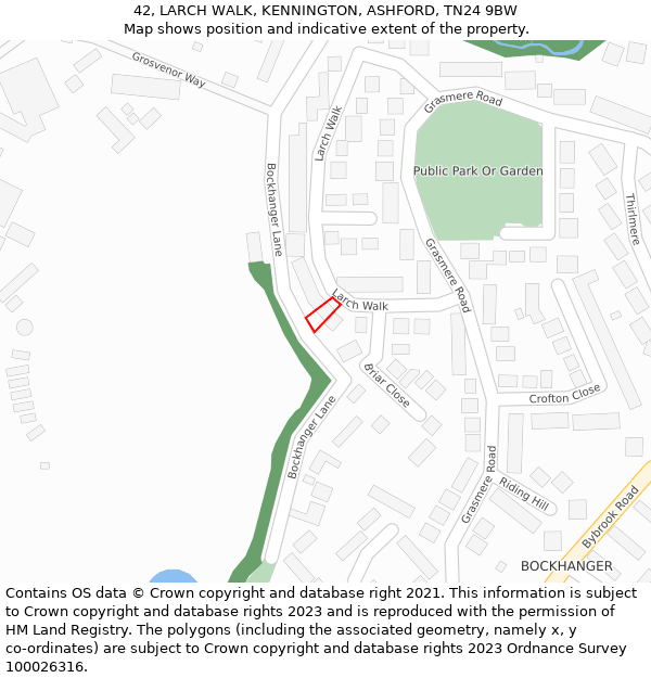 42, LARCH WALK, KENNINGTON, ASHFORD, TN24 9BW: Location map and indicative extent of plot