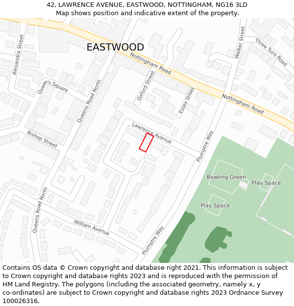 42, LAWRENCE AVENUE, EASTWOOD, NOTTINGHAM, NG16 3LD: Location map and indicative extent of plot