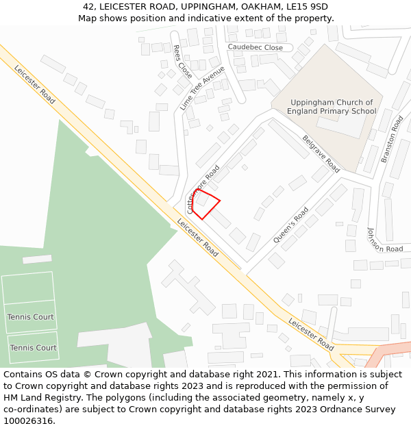 42, LEICESTER ROAD, UPPINGHAM, OAKHAM, LE15 9SD: Location map and indicative extent of plot