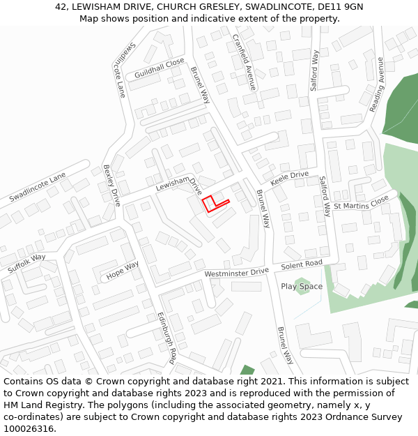 42, LEWISHAM DRIVE, CHURCH GRESLEY, SWADLINCOTE, DE11 9GN: Location map and indicative extent of plot