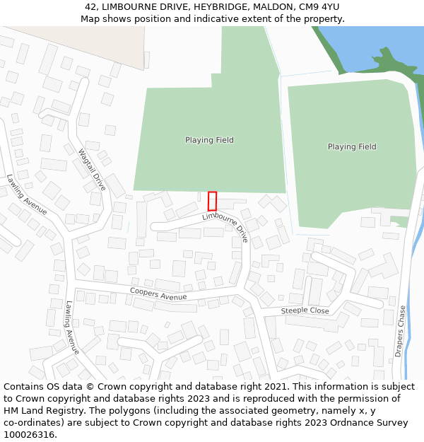 42, LIMBOURNE DRIVE, HEYBRIDGE, MALDON, CM9 4YU: Location map and indicative extent of plot