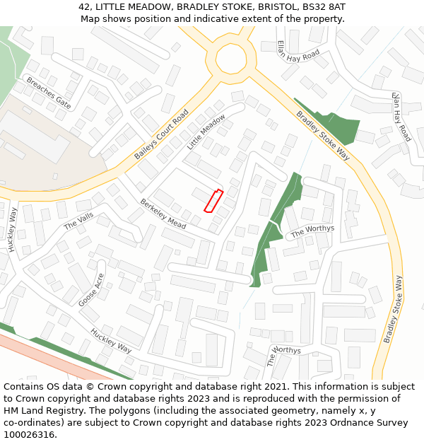 42, LITTLE MEADOW, BRADLEY STOKE, BRISTOL, BS32 8AT: Location map and indicative extent of plot