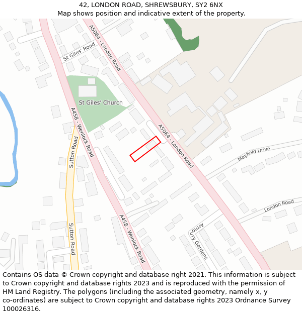 42, LONDON ROAD, SHREWSBURY, SY2 6NX: Location map and indicative extent of plot
