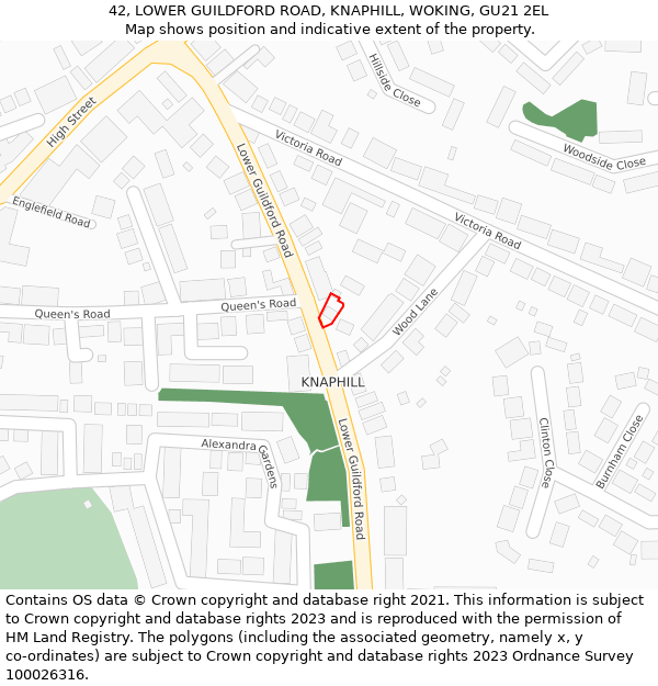 42, LOWER GUILDFORD ROAD, KNAPHILL, WOKING, GU21 2EL: Location map and indicative extent of plot