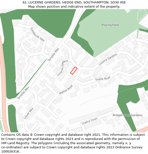 42, LUCERNE GARDENS, HEDGE END, SOUTHAMPTON, SO30 4SE: Location map and indicative extent of plot