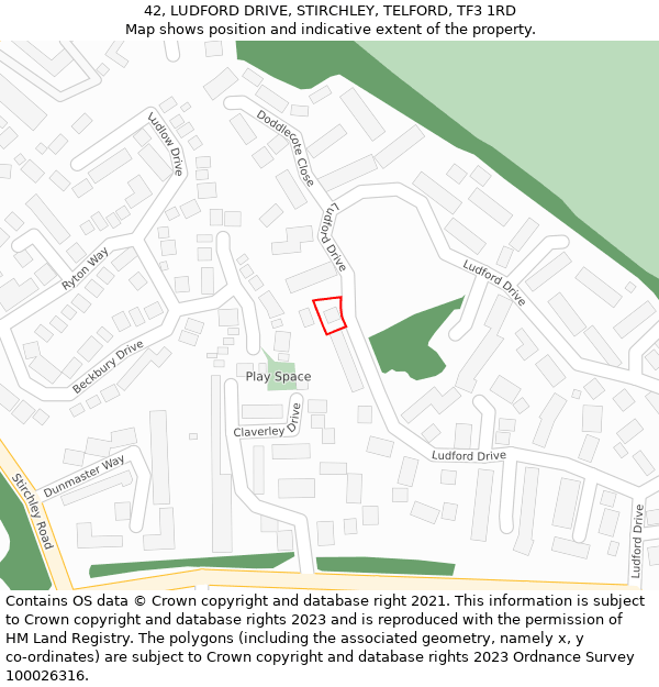 42, LUDFORD DRIVE, STIRCHLEY, TELFORD, TF3 1RD: Location map and indicative extent of plot