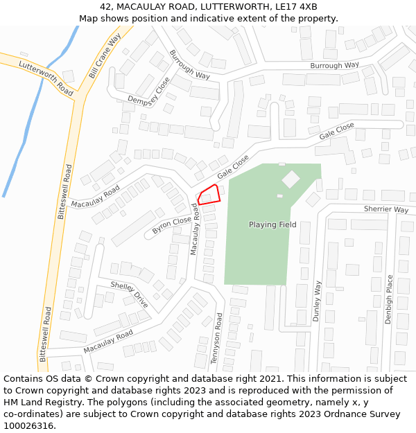 42, MACAULAY ROAD, LUTTERWORTH, LE17 4XB: Location map and indicative extent of plot