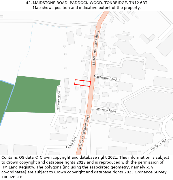 42, MAIDSTONE ROAD, PADDOCK WOOD, TONBRIDGE, TN12 6BT: Location map and indicative extent of plot