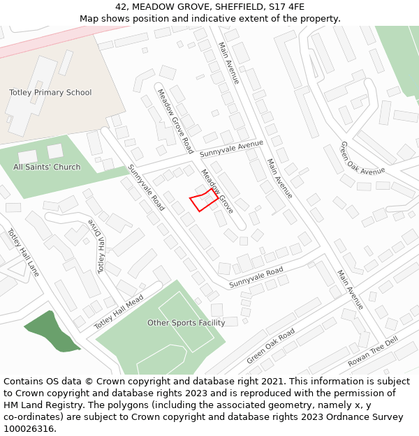42, MEADOW GROVE, SHEFFIELD, S17 4FE: Location map and indicative extent of plot